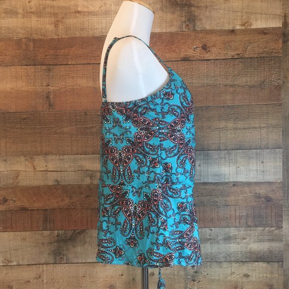 Turquoise Paisley Print Tankini Size L Asymmetric Ruched Side Top Bikini Bottom - Picture 4 of 8